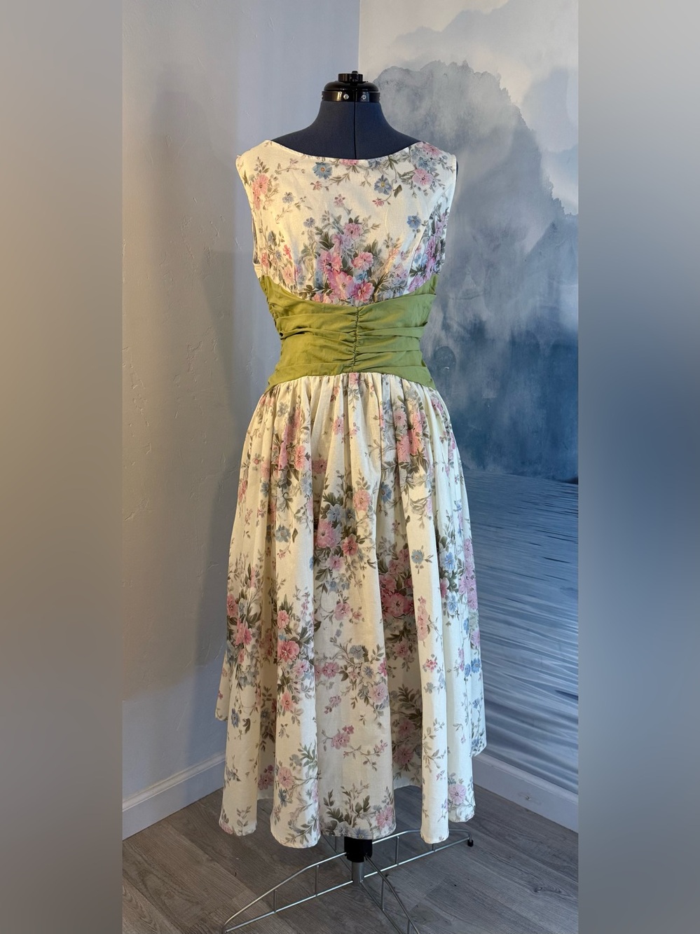 Vintage Floral Midi Dress with Green Waistband#310
